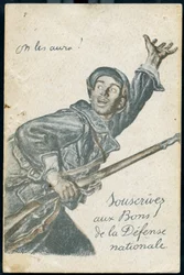 Cartolina per la sottoscrizione al prestito della Difesa nazionale, raffigurante un soldato che va al fronte gridando: «Li avremo!»