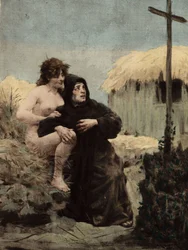 Un eremita della Tebaide e una donna davanti a una croce. Pantagruel. illustrazione di Jules Garnier. In "Rabelais e l