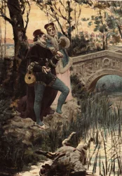 Un uomo e una donna vicino a un ruscello e a un ponte che guardano il corpo di un animale nell
