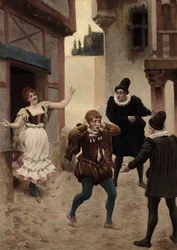Un uomo in fuga, dopo che la moglie ha trovato la sua parola. Al suo fianco, il medico e il chirurgo che hanno operato la moglie. Pantagruel. llustrazione di Jules Garnier. Rabelais e l