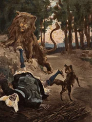 Una donna che raccoglie legna nella foresta di Bievre, spaventata da un leone e da una volpe. Pantagruel. Illustrazione di Jules Garnier. In "Rabelais e l