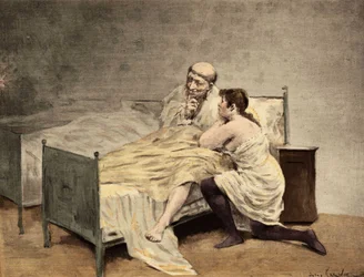 Una ragazza che si confessa a frate Royddimet, seduta nel suo letto. Pantagruel. illustrazione di Jules Garnier. In "Rabelais e l