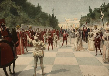 Ballo organizzato dalla Regina sotto forma di partita a scacchi in cui le pedine sono esseri umani. Regno di Entelechie. Pantagruel. illustrazione di Jules Garnier. In "Rabelais e l