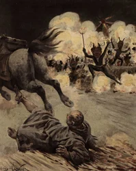 Frate Etienne Tappecoue si svuota dal suo cavallo dopo essere stato afflitto da abitanti del villaggio travestiti da diavolo. Pantagruel. illustrazione di Jules Garnier. In "Rabelais e l