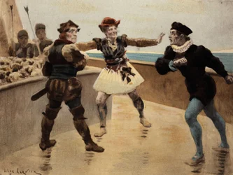 Disputa tra Panurge (a destra) e Dindenaut (Dindenault), un mercante di Taillbourg, che nega la sua spada. Pantagruel. illustrazione di Jules Garnier. In "Rabelais e l