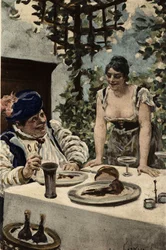 Gargantua mangia, una donna gli serve del cibo. Gargantua. illustrazione di Jules Garnier. In "Rabelais e l