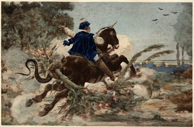 Gargantua sulla sua cavalla che distrugge la foresta di Beauce. Gargantua. illustrazione di Jules Garnier. In "Rabelais e l