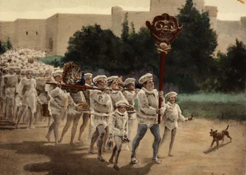 Gastrolatri che avanzano verso il loro Dio, Gaster, carichi di offerte. In testa al corteo, un uomo con una statua di legno chiamata Manduce in cima a un bastone. Pantagruel. llustrazione di Jules Garnier. In "Rabelais e l