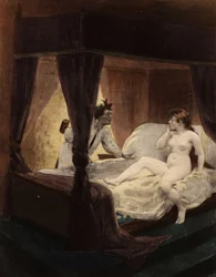Il grande Thibeault nasconde un martello dietro la schiena. Sua moglie è sdraiata sul letto. Pantagruel. illustrazione di Jules Garnier. In "Rabelais e l