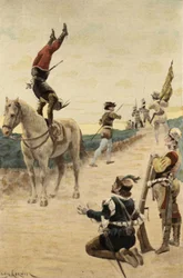 Ginnasta che esegue cabriole sul suo cavallo e fa fuggire per paura i soldati di Tripet. Gargantua. illustrazione di Jules Garnier. In "Rabelais e l