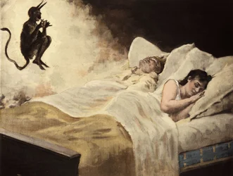 Hans Caruel (Carufel), re di Melinde, e sua moglie dormono nel loro letto. Satana dona al marito un anello affinché la moglie gli rimanga fedele. Pantagruel. llustrazione di Jules Garnier. Rabelais e l