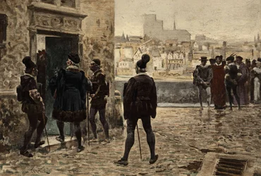 Il maestro Janotus (Ianotus) di Bragmardo davanti alla casa parigina di Gargantua. Gargantua. illustrazione di Jules Garnier. In "Rabelais e l