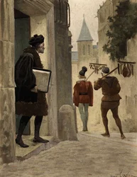 Il maestro Janotus (Ianotus) di Bragmardo lascia la casa parigina di Gargantua portando via i doni offerti da Gargantua. Gargantua. illustrazione di Jules Garnier. In "Rabelais e l