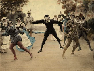 Uomini e donne che giocano a Colin Maillard. Gargantua. illustrazione di Jules Garnier. In "Rabelais e l