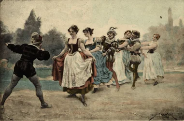 Uomini e donne giocano alla coda al ceppo (coda di lupo). Gargantua. Illustrazione di Jules Garnier. In «Rabelais et l