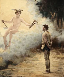 Mercure (Hermes) che tende tre asce a Couillatris, un boscaiolo del villaggio di Gravot, vicino a Chinon. Pantagruel. illustrazione di Jules Garnier. In "Rabelais e l