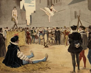 Musicisti e funamboli si esibiscono per strada sotto lo sguardo di Gargantua (seduto, a sinistra). Gargantua. illustrazione di Jules Garnier. In "Rabelais e l