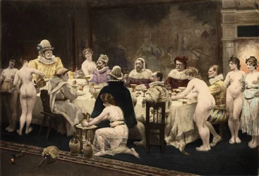Pantagruel, Panurge, Frere Jean ed Epistmon durante la cena organizzata da Homenas, eveque di Papimanes, abitanti dell