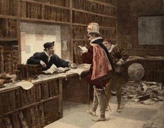 Pantagruel nella libreria Saint Victor di Parigi. Pantagruel. Illustrazione di Jules Garnier. In "Rabelais e l