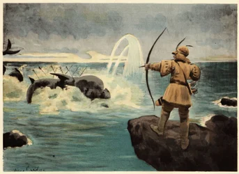 Pantagruel uccide il mostro marino Physetere con le frecce. Pantagruel. illustrazione di Jules Garnier. In "Rabelais e l