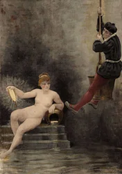 Panurgo che scende nel pozzo o, secondo Eraclito (Heraclitus), è la verità simboleggiata da una donna. Pantagruel. llustrazione di Jules Garnier. In "Rabelais e l