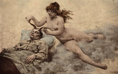 Il sogno di Panurgo: una donna viene a piantargli due corna in testa. Pantagruel. illustrazione di Jules Garnier. In "Rabelais e l