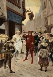 Parigi, Roustissoir (rosticceria) del Peer Chatelet. Conflitto tra un dipendente e un uomo accusato di non aver pagato il pasto. Pantagruel. illustrazione di Jules Garnier. In "Rabelais e l