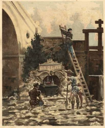 Il contadino Jean Audeau scopre un libretto che racconta la storia di Gargantua. Gargantua. illustrazione di Jules Garnier. In "Rabelais e l