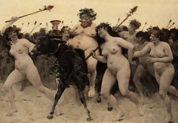 Sileneo (Silene) su un asino che guida l