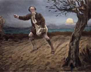 Il Diavolo, appollaiato su un albero, parla con un contadino che semina il cane. Pantagruel. llustrazione di Jules Garnier. In "Rabelais e l