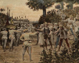 I pastori offrono ai Fouaciers di Lerne di scambiare uva per fouace. Gargantua. Illustrazione di Jules Garnier. In "Rabelais e l