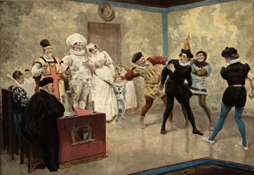 Due uomini colpiscono un Chiquano. Assistono alla scena: il fornaio Loyre e sua moglie in abiti nuziali (al centro), il signore di Basche e il curato Oudart. Pantagruel. illustrazione di Jules Garnier. In "Rabelais e l