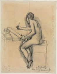 Studio di una modella nuda seduta che disegna