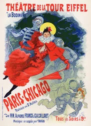 Arte. Intrattenimento. Parigi Chicago, spettacolo di varietà al Teatro della Torre Eiffel. Poster di Jules Chéret, Francia, c.1890