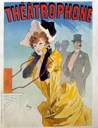 Poster per il Theatrophone: una giovane elegante ascolta un pezzo di teatro. Illustrazione di Jules Cheret