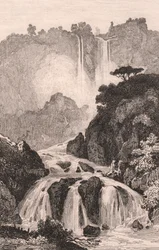 Vista delle Cascate delle Marmore vicino a Terni, Umbria, Italia, incisione su acciaio dopo un disegno di Jules Coignet