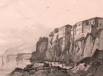 Veduta di Sorrento con casa di Torquato Tasso, Campania, Italia, incisione su acciaio di Sauvage dopo disegno di Jules Coignet