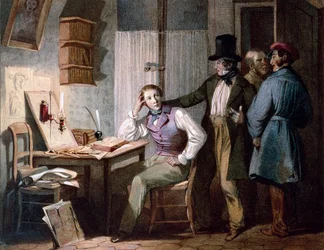 Studio. Uno studente studioso al suo ufficio rimane al lavoro mentre i suoi amici escono. Incisione a colori di Jules David (XIX secolo). Parigi, Musee Carnavalet