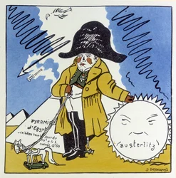 Austerlitz, Jena, Wagram: Caricatura su Napoleone I - in "Storia di Francia" di Jules Depaquit, ill. da lui stesso, ed. jonquières, Parigi