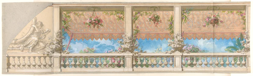 Una balaustra esterna sovrastata da una tenda da sole in stile moresco, 1830-97. Creatori: Jules-Edmond-Charles Lachaise, Eugène-Pierre Gourdet.