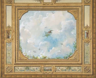 Progetto per un soffitto decorato con nuvole e uccelli