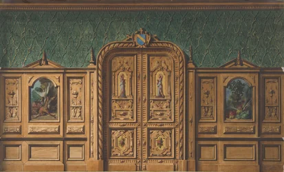 Progetto per una stanza con pannelli di legno incastonati con dipinti e una porta doppia pesantemente intagliata