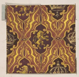 Design per carta da parati con leoni rampanti e corone, 1830-97
