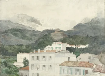 Case di campagna ai piedi delle montagne, alte montagne in lontananza, La Turbie