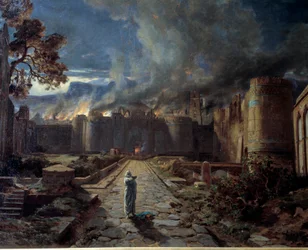 Sodoma (Sodoma). La distruzione della città mediante il fuoco. Dettaglio. Dipinto di Jules Laurens (1825-1901). Orléans, Museo delle Belle Arti