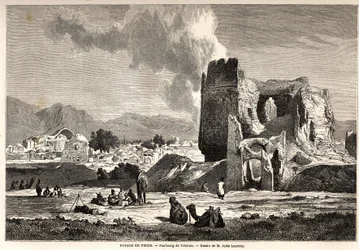 I sobborghi di Teheran (Iran odierno). Disegno di Jules Laurens per illustrare il viaggio di Arthur Gobineau in Persia dal 1855 al 1858. Incisione in "Le tour du monde, nouveau journal des voyages" Parigi