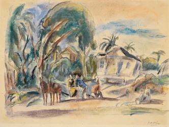 Paesaggio, case e alberi