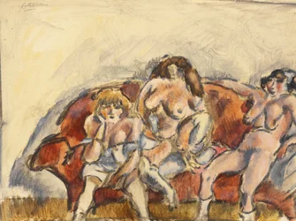 Tre donne su un divano rosso