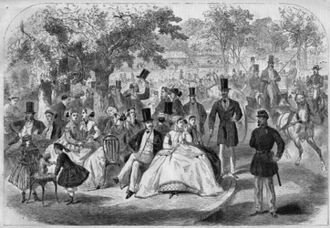 Scena di vita parigina, un pomeriggio al Bois de Boulogne nel XIX secolo. Incisione da un disegno di Pelcoq. In 
