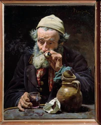 Il bevitore. Un vecchio fuma la pipa e beve un bicchiere di vino. Dipinto di Jules Rousset (1840-?), XIX secolo, Orléans, Museo delle Belle Arti